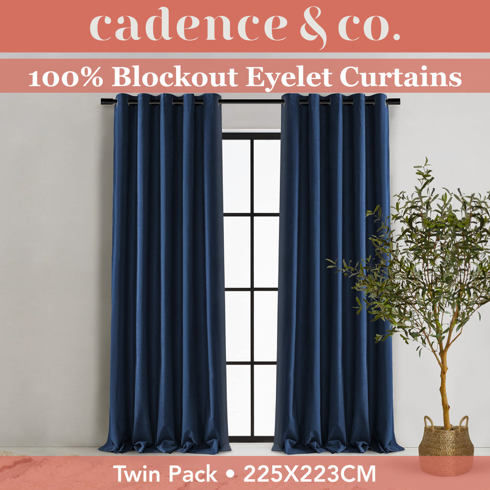 Cadence &amp; Co. Byron Matte Velvet 100% Blockout Eyelet Curtains Twin Pack Navy Blue 225x223cm