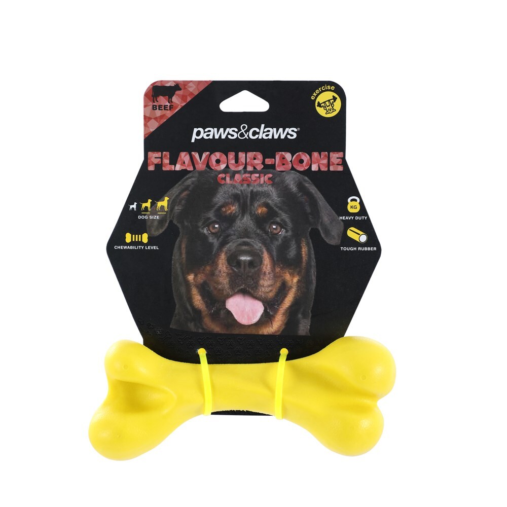 Paws &amp; Claws Flavour-Bone Classic Bone Beef Flavoured Rubber Toy 18X7cm Yellow