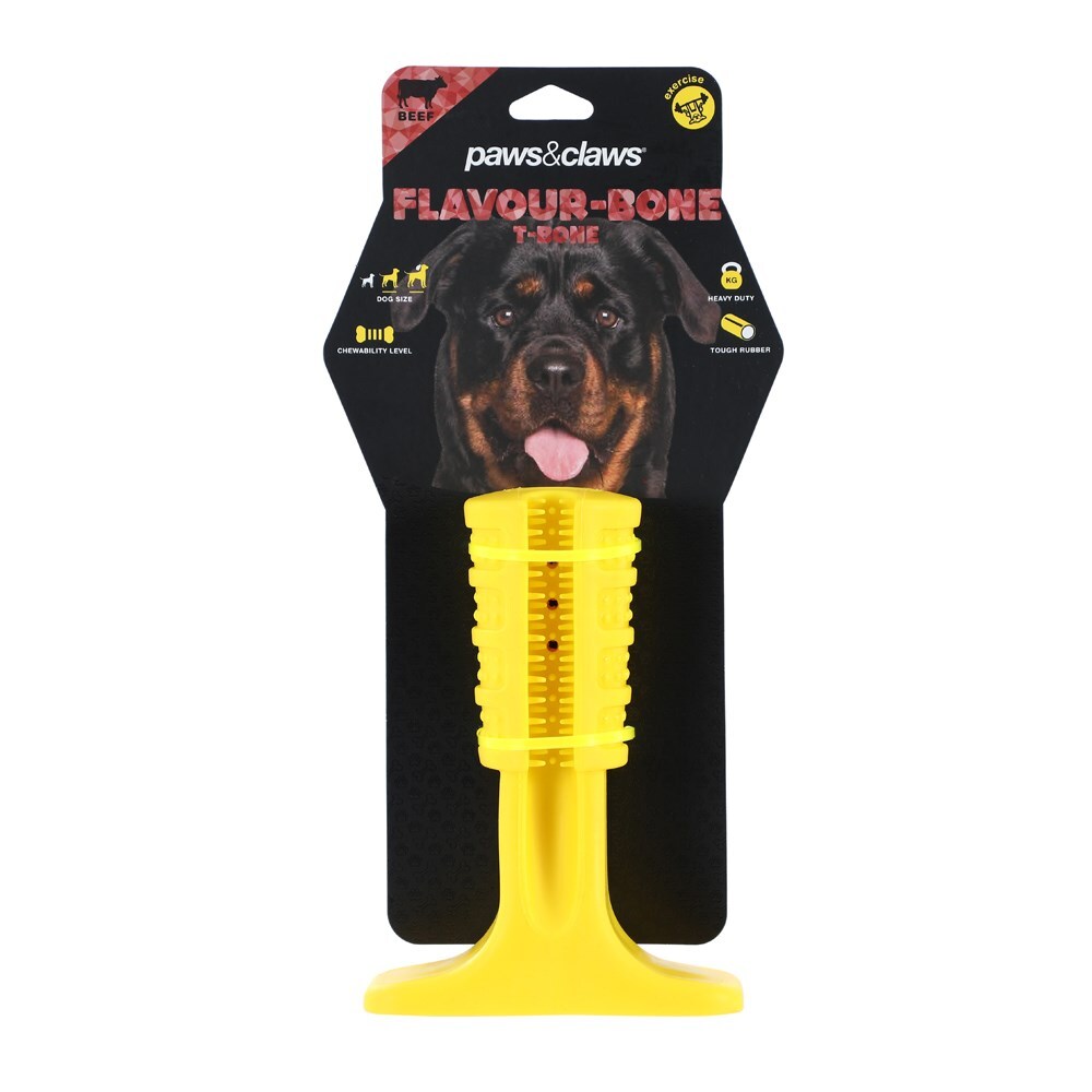 Paws &amp; Claws Flavour-Bone T Bone Beef Flavoured Rubber Toy 17X13X6cm Yellow