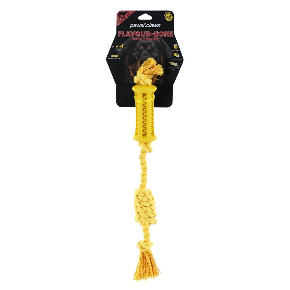 Paws &amp; Claws Flavour-Bone Rope Tugger Beef Flavoured Rubber Toy 36X5cm Yellow