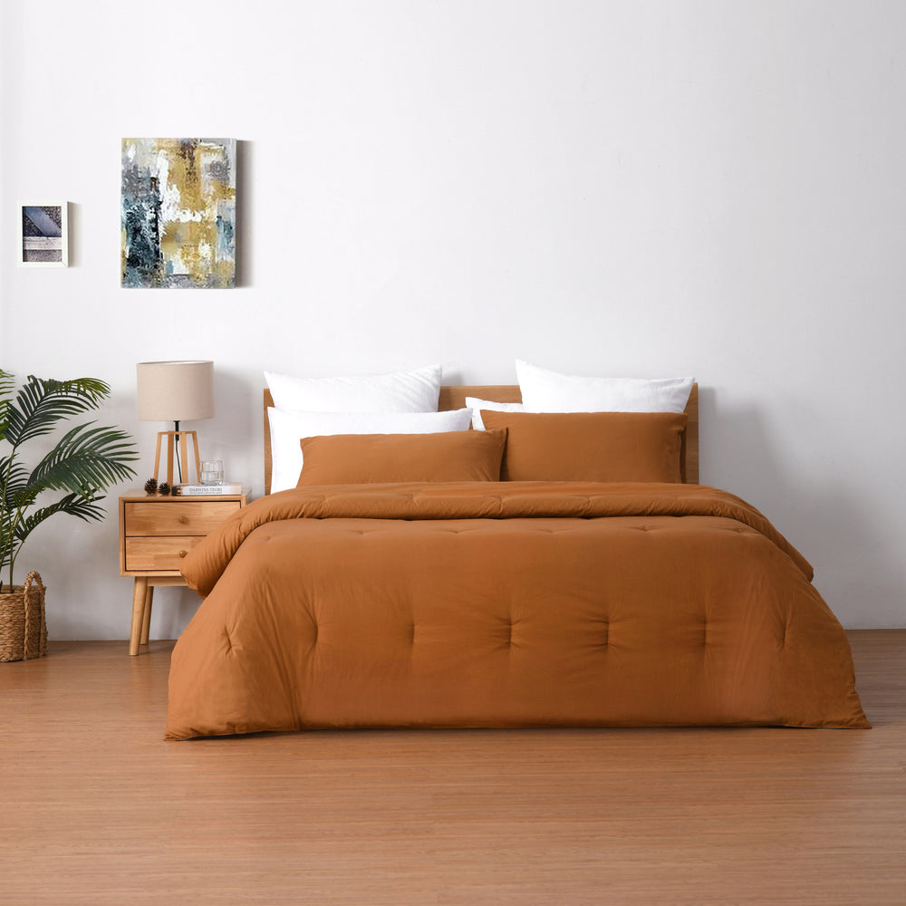 Dreamaker 225TC Cotton Washed Comforter Set Orange Queen Bed