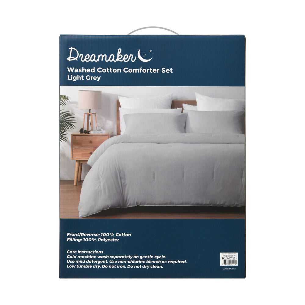 Dreamaker 225TC Cotton Washed Comforter Set Light Grey Queen Bed