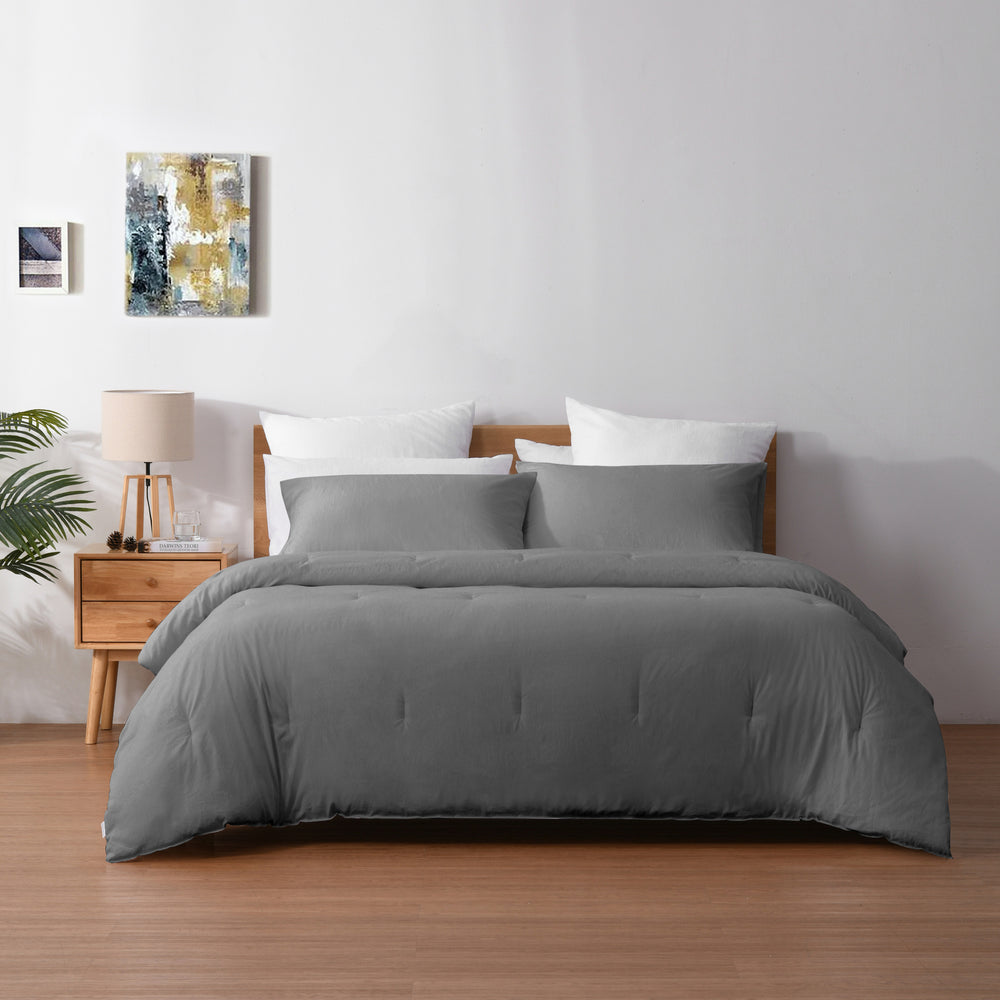 Dreamaker 225TC Cotton Washed Comforter Set Dark Grey Queen Bed