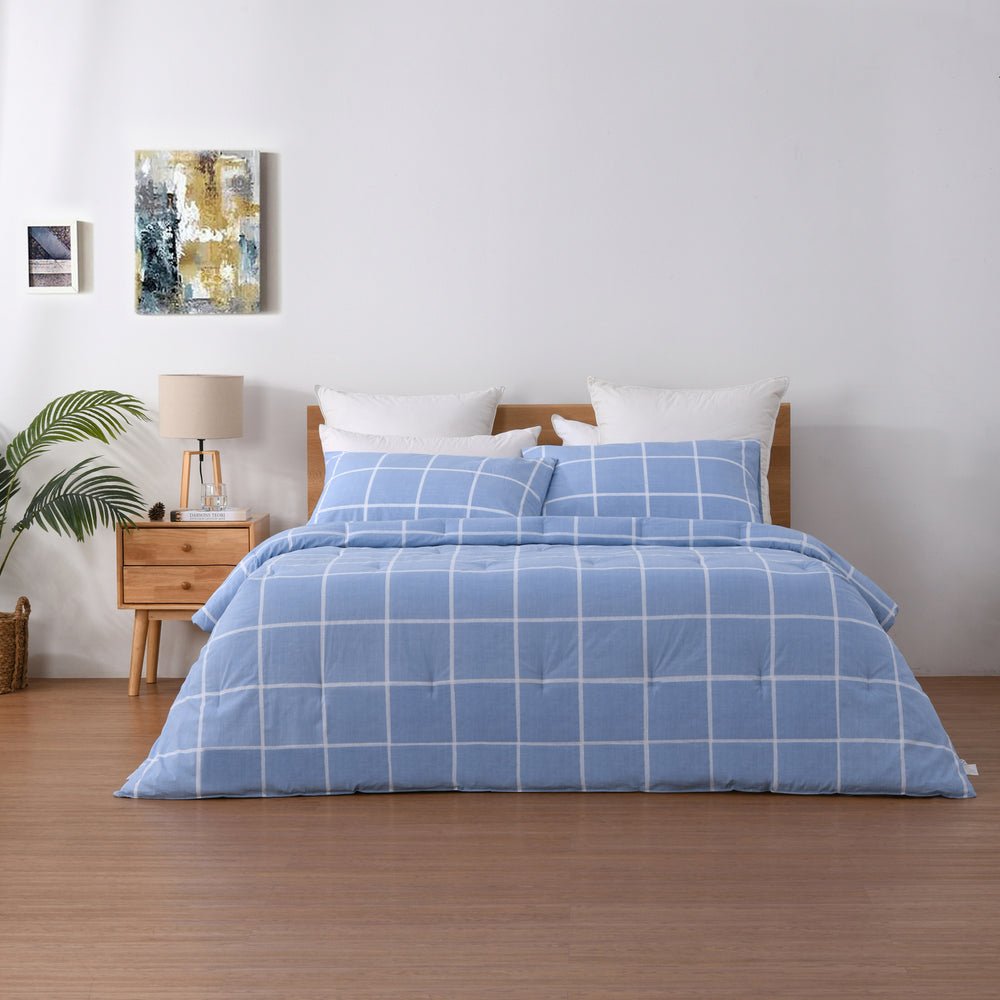 Dreamaker 225TC Cotton Washed Comforter Set Checkered-Blue Queen Bed