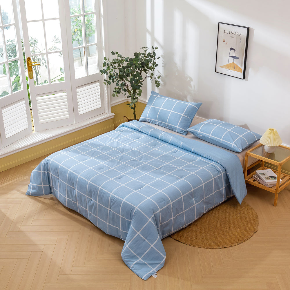 Dreamaker 225TC Cotton Washed Comforter Set Checkered-Blue Queen Bed