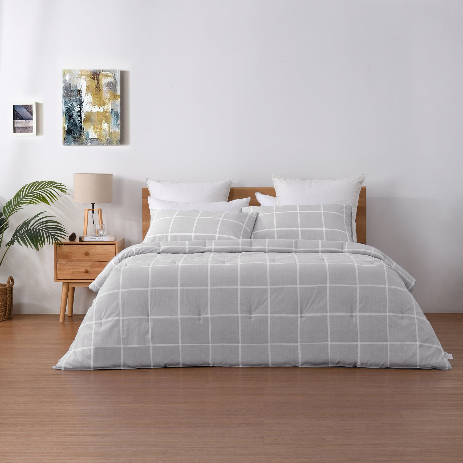 Dreamaker 225TC Cotton Washed Comforter Set Checkered-Grey Queen Bed ...