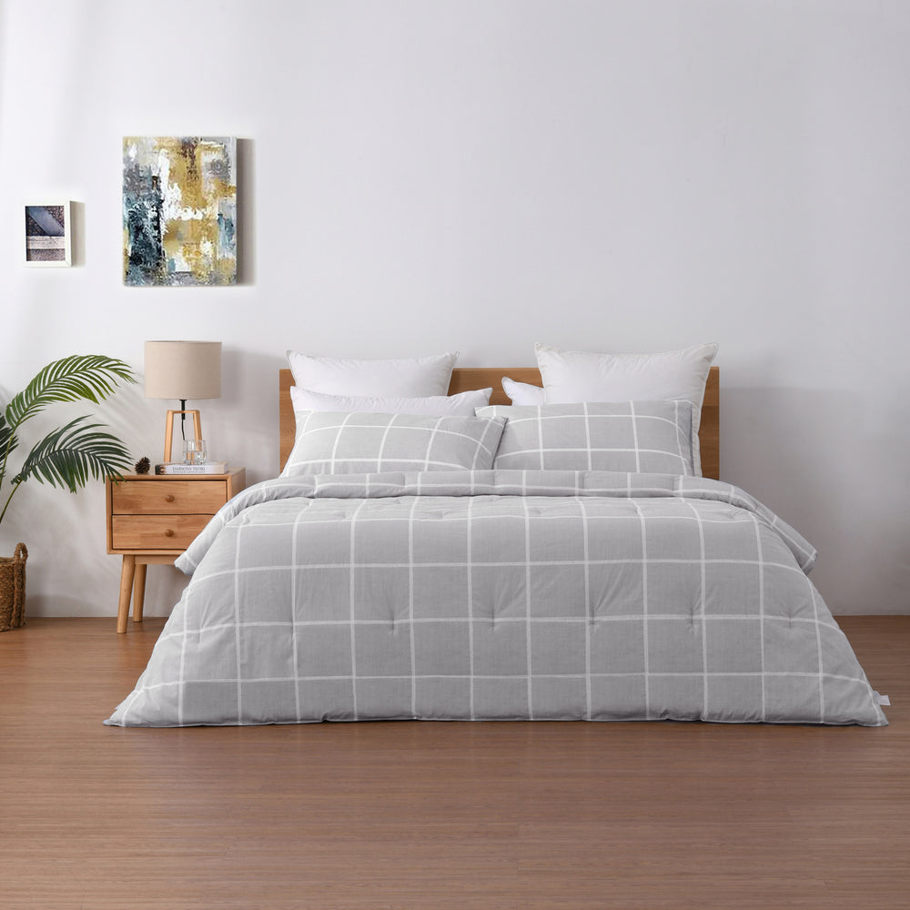 Dreamaker 225TC Cotton Washed Comforter Set Checkered-Grey Queen Bed