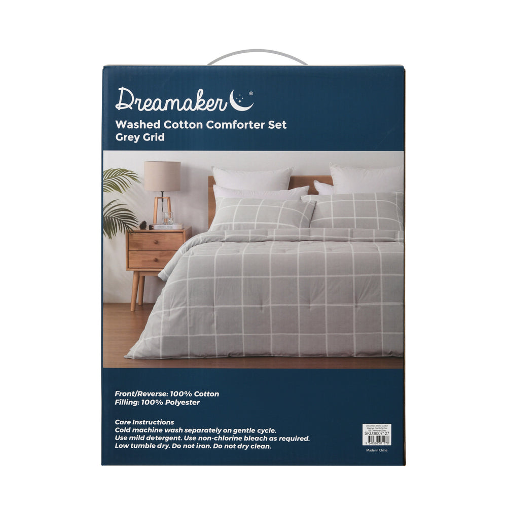 Dreamaker 225TC Cotton Washed Comforter Set Checkered-Grey Queen Bed