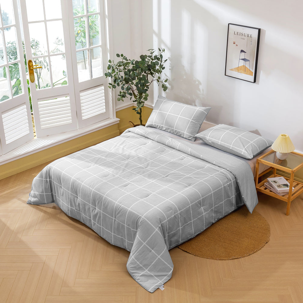 Dreamaker 225TC Cotton Washed Comforter Set Checkered-Grey King Bed
