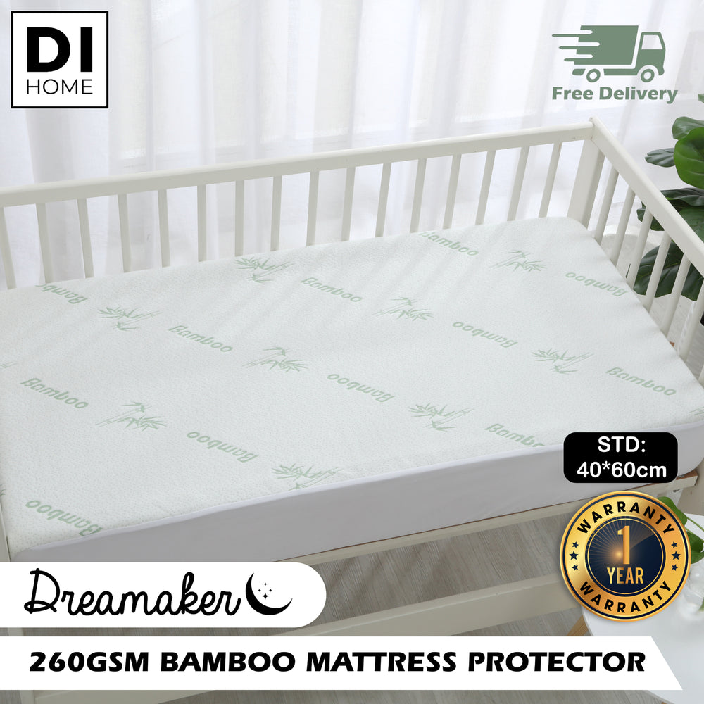 Dreamaker 260gsm Bamboo Knitted Baby COT Waterproof Pillow Protector White 2-Pack