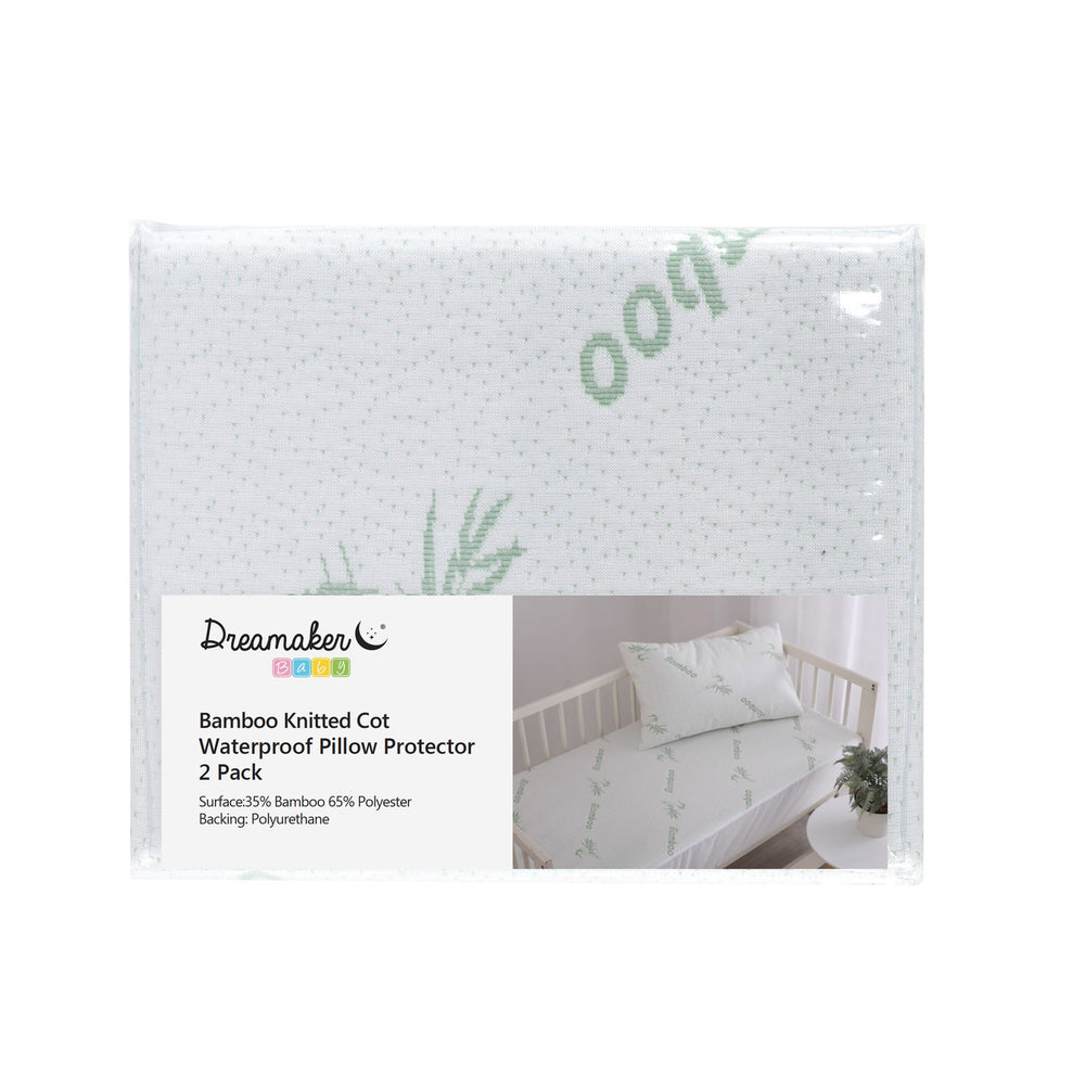 Dreamaker 260gsm Bamboo Knitted Baby COT Waterproof Pillow Protector White 2-Pack