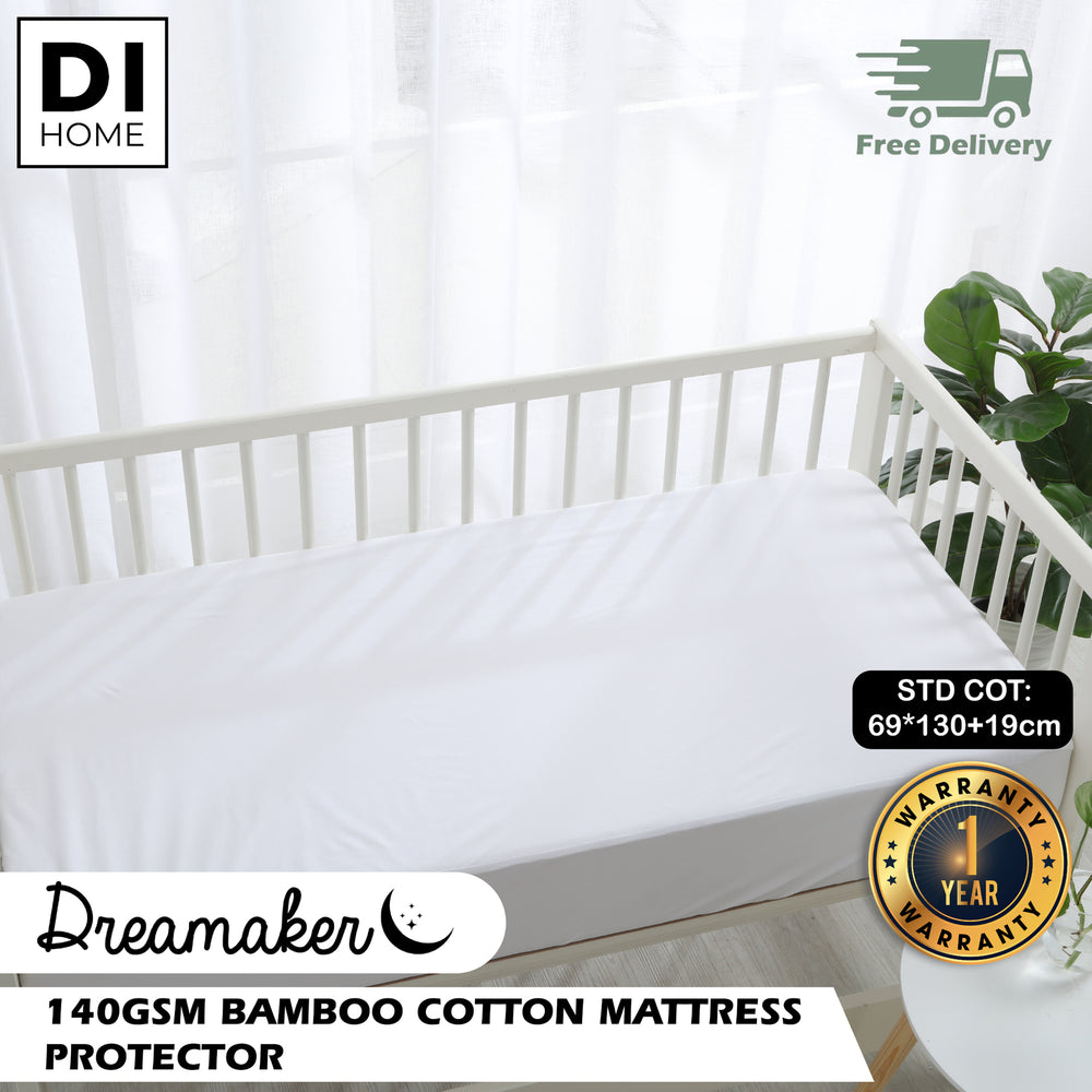 Dreamaker Bamboo Cotton Jersey Cot Waterproof Mattress Protector White Standard