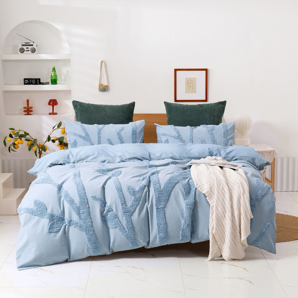 Dreamaker Tufted Washed Vintage Cotton Quilt Cover Set Kye Blue Queen Bed