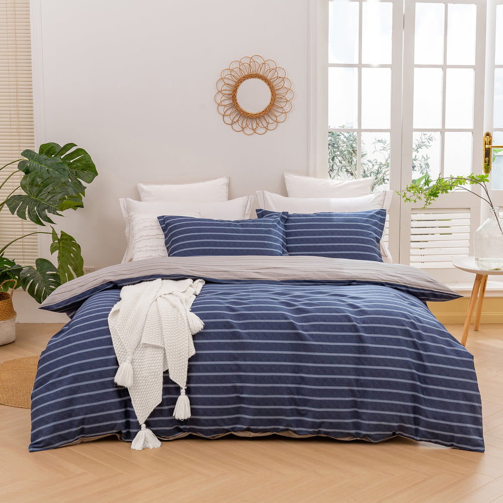Dreamaker Amalfi Stripe 100% Cotton Reversible Quilt Cover Set Blue King Single Bed