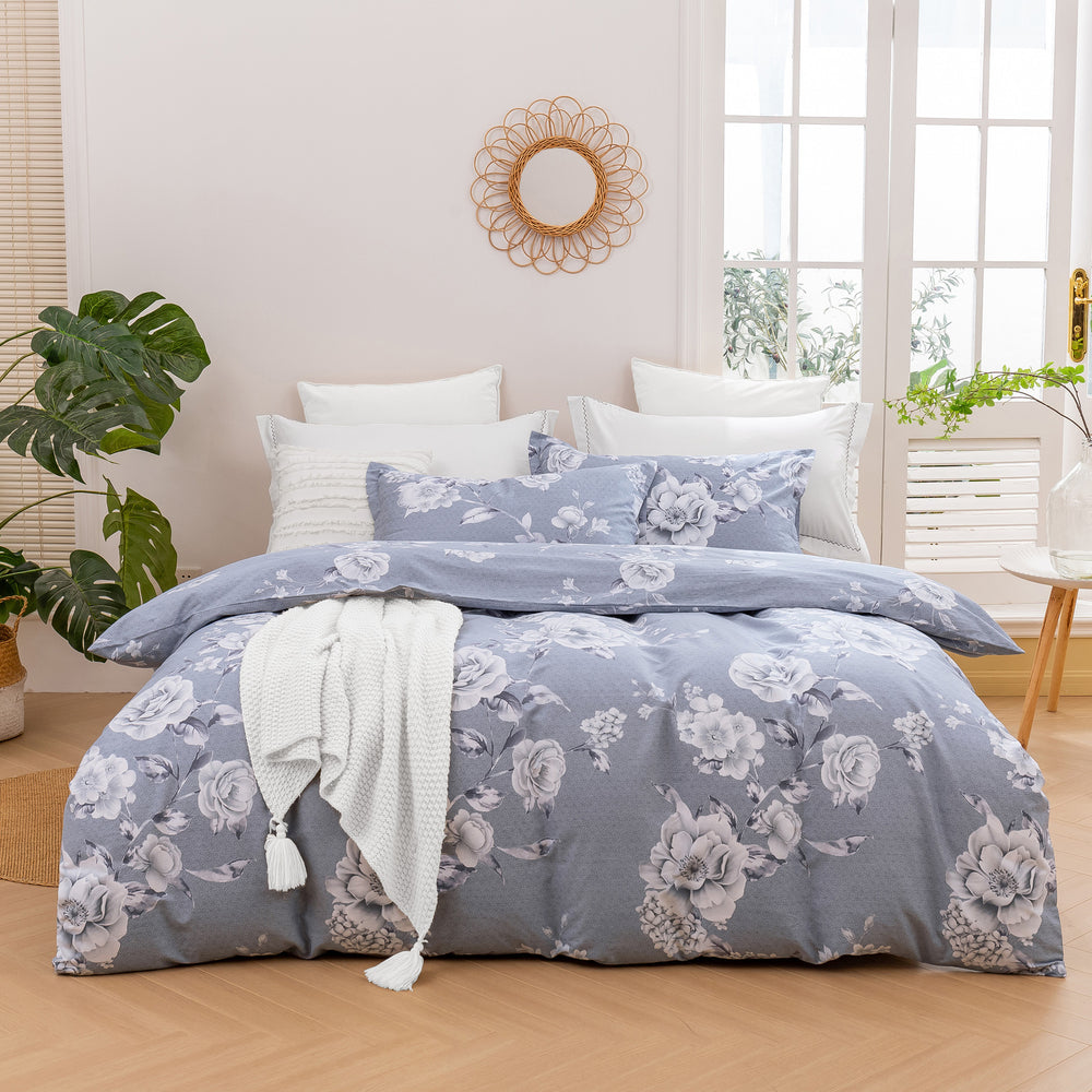 Dreamaker Blossom 100% Cotton Quilt Cover Set Silver Single Bed