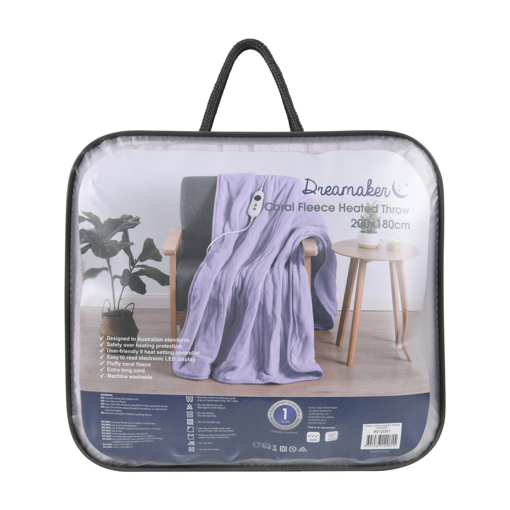 Dreamaker Coral Fleece Electric Heated Throw Blanket Lavender 200 x 180cm