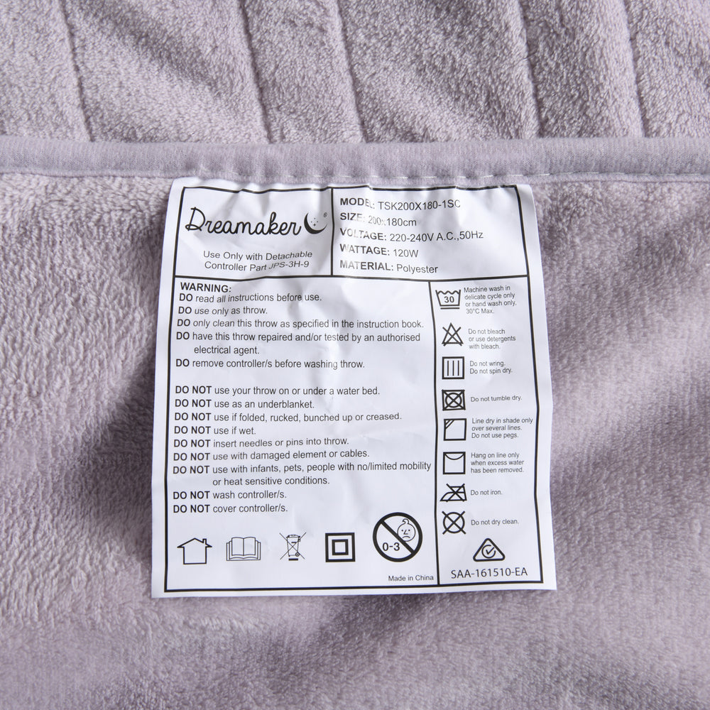 Dreamaker Coral Fleece Electric Heated Throw Blanket Lavender 200 x 180cm