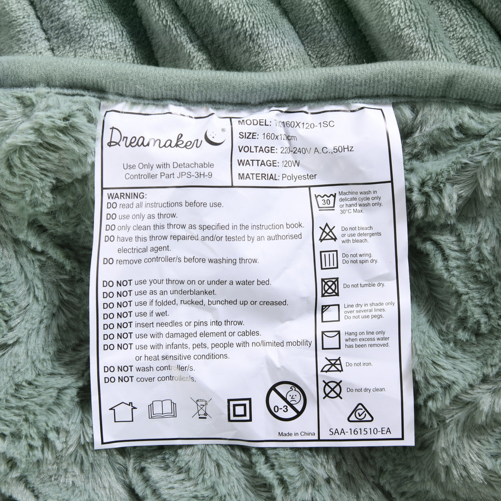 Dreamaker 500gsm Faux Fur Heated Throw Leaf Green 160 x 120cm