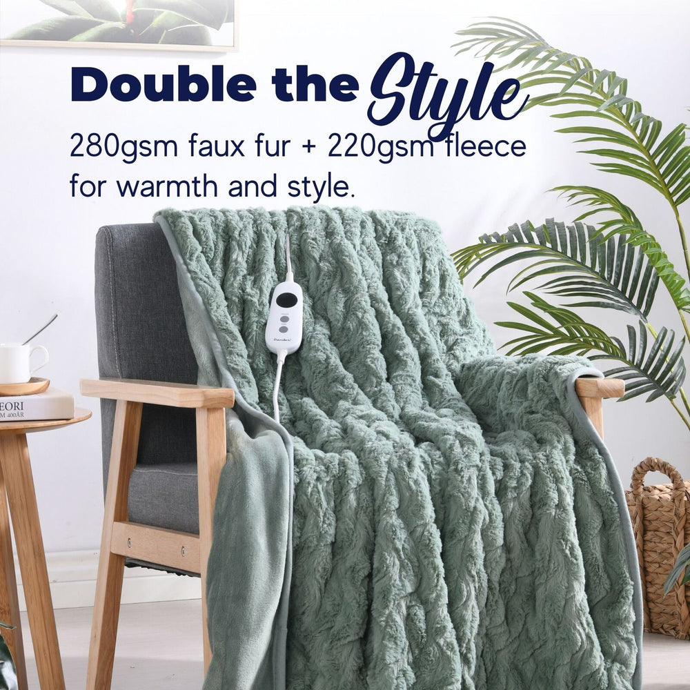 Dreamaker 500gsm Faux Fur Heated Throw Leaf Green 160 x 120cm