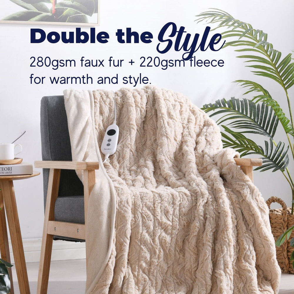 Dreamaker 500gsm Faux Fur Heated Throw Natural 200 x 180cm