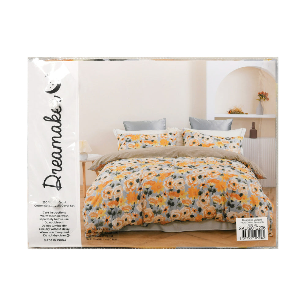 Dreamaker Marigold 100% Cotton Reversible Quilt Cover Set Queen Bed