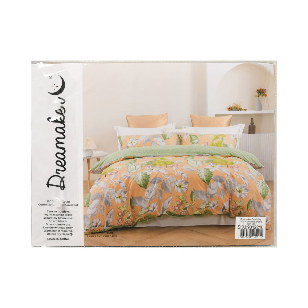 Dreamaker Peach Lily 100% Cotton Reversible Quilt Cover Set King Single Bed