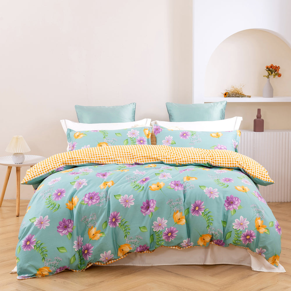 Dreamaker Zinnia 100% Cotton Reversible Quilt Cover Set Single Bed