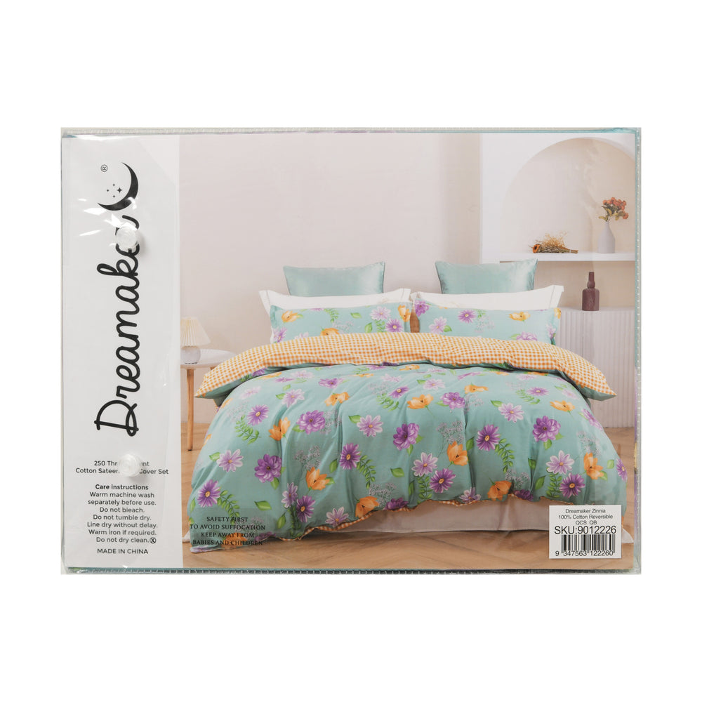 Dreamaker Zinnia 100% Cotton Reversible Quilt Cover Set King Bed