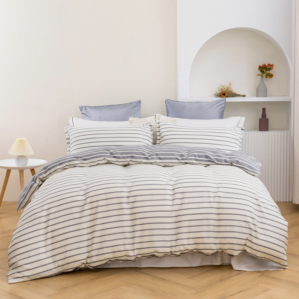 Dreamaker Miller Stripe 100% Cotton Reversible Quilt Cover Set Single Bed Grey