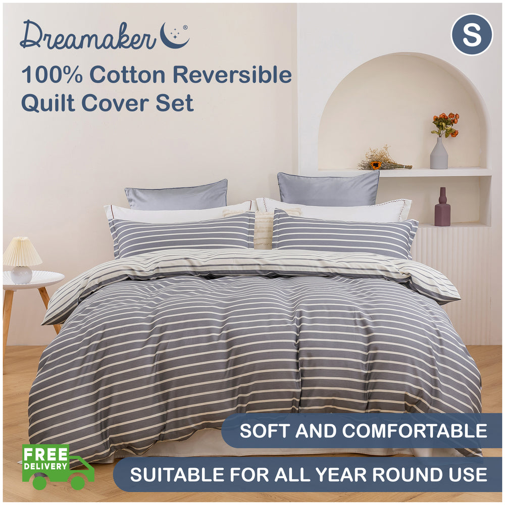 Dreamaker Miller Stripe 100% Cotton Reversible Quilt Cover Set Single Bed Grey