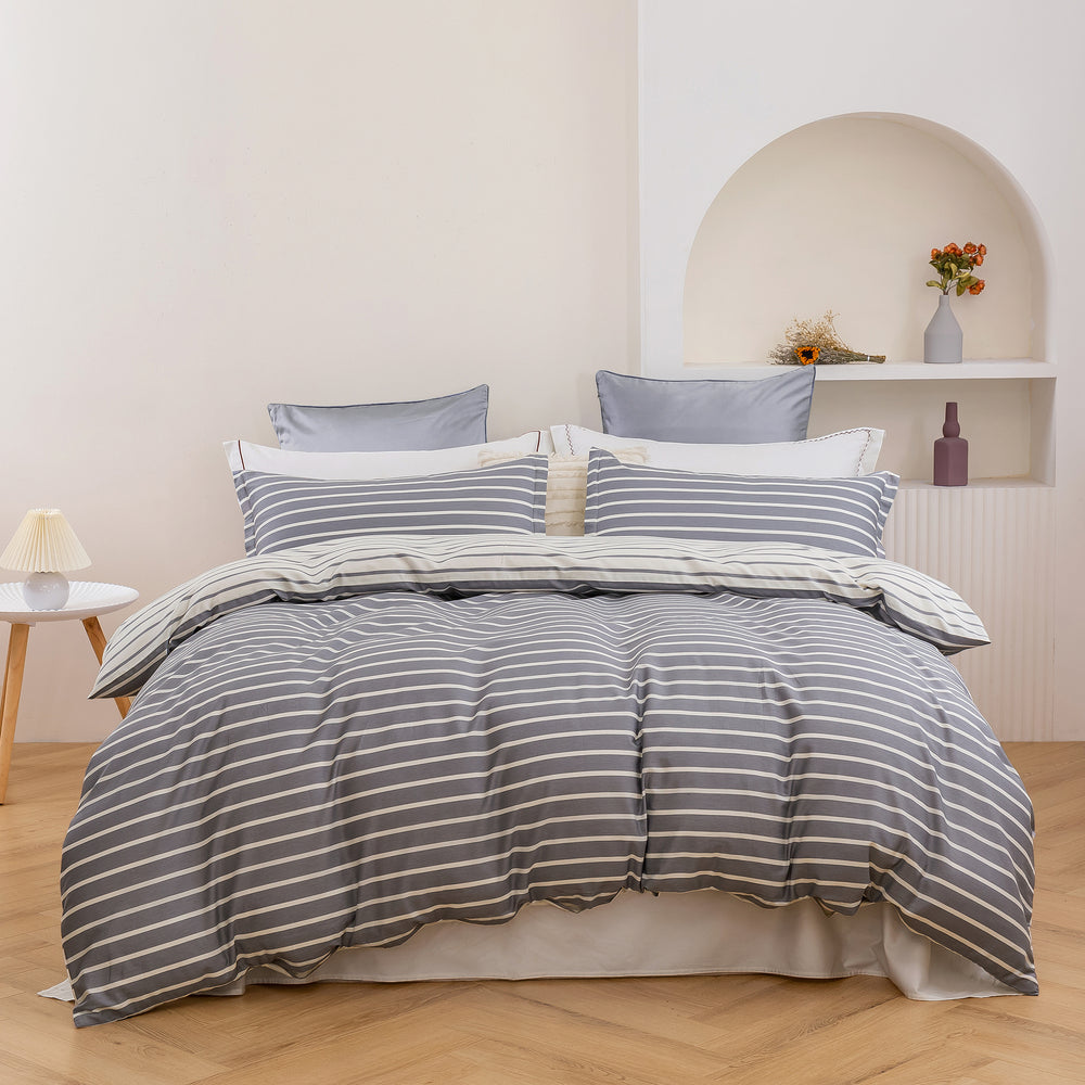 Dreamaker Miller Stripe 100% Cotton Reversible Quilt Cover Set King Single Bed Grey