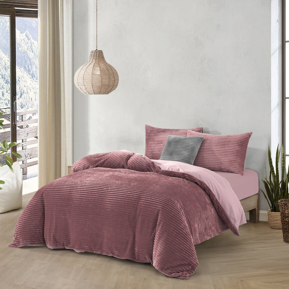 Dreamaker Embossed Teddy Fleece Quilt Cover Set Blush King Bed