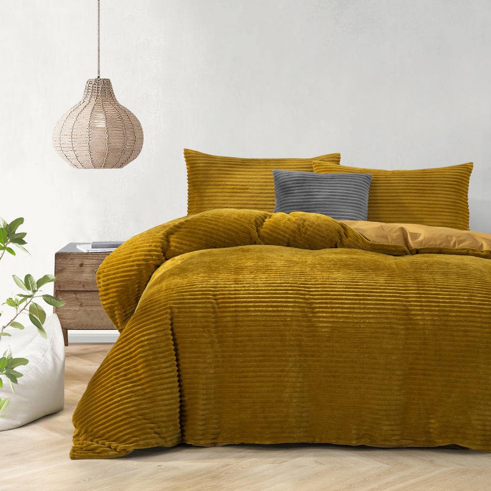 Dreamaker Embossed Teddy Fleece Quilt Cover Set Mustard Double Bed