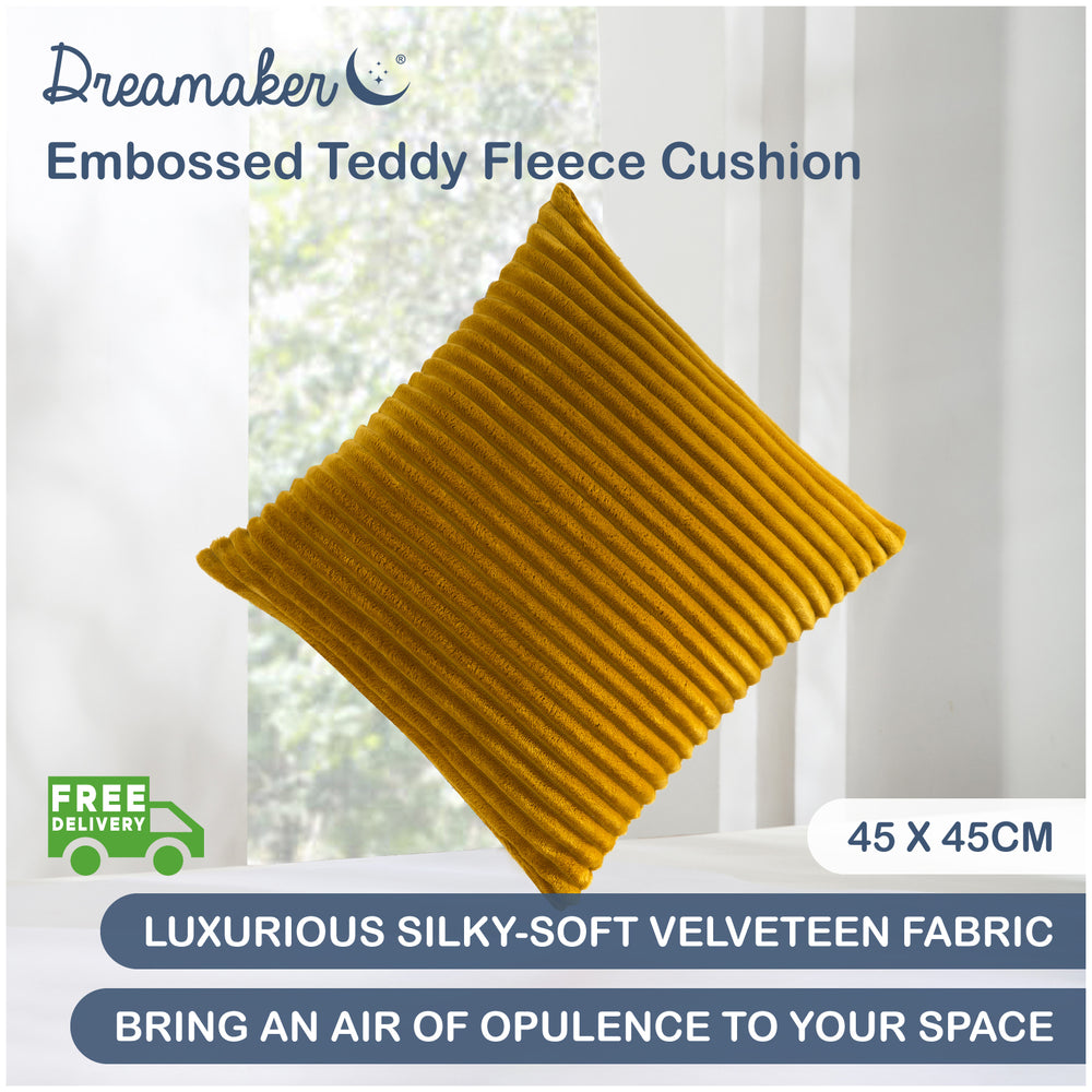 Dreamaker Embossed Teddy Fleece Cushion Mustard 45x45cm