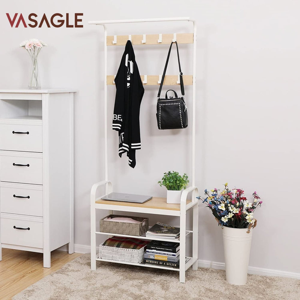 VASAGLE 3 Tier Entryway Coat Shoe Rack and Storage Shelves - White