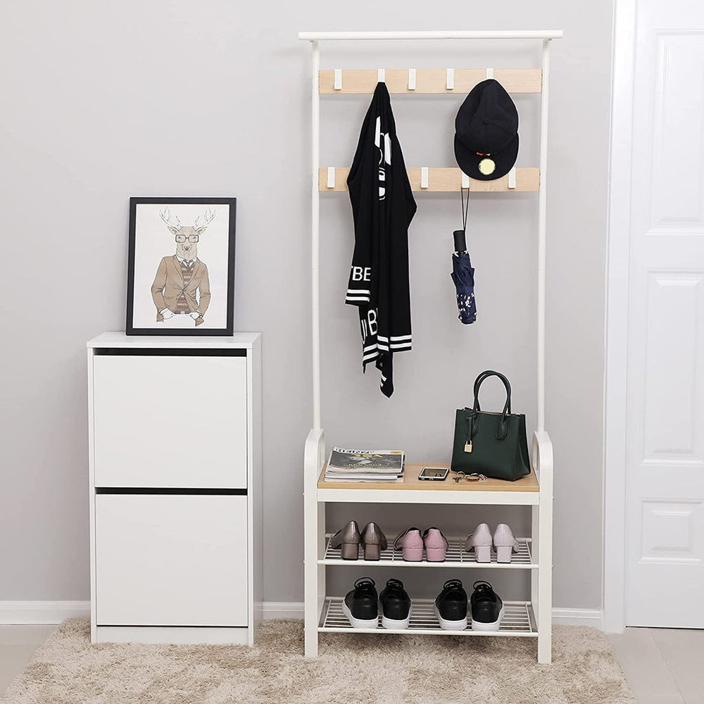 VASAGLE 3 Tier Entryway Coat Shoe Rack and Storage Shelves - White