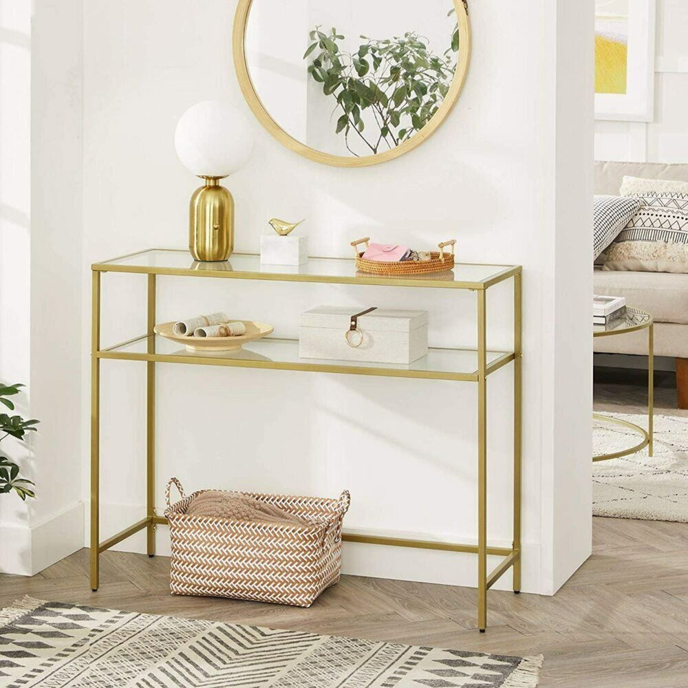 VASAGLE Entry Hall Display Shelf with Tempered Glass Top Console Table - Gold