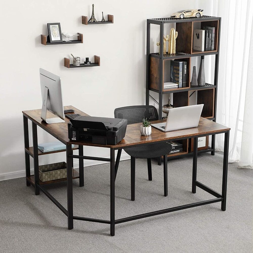 VASAGLE Computer Study Office Workstation Desk L Shaped Table - Rustic Brown