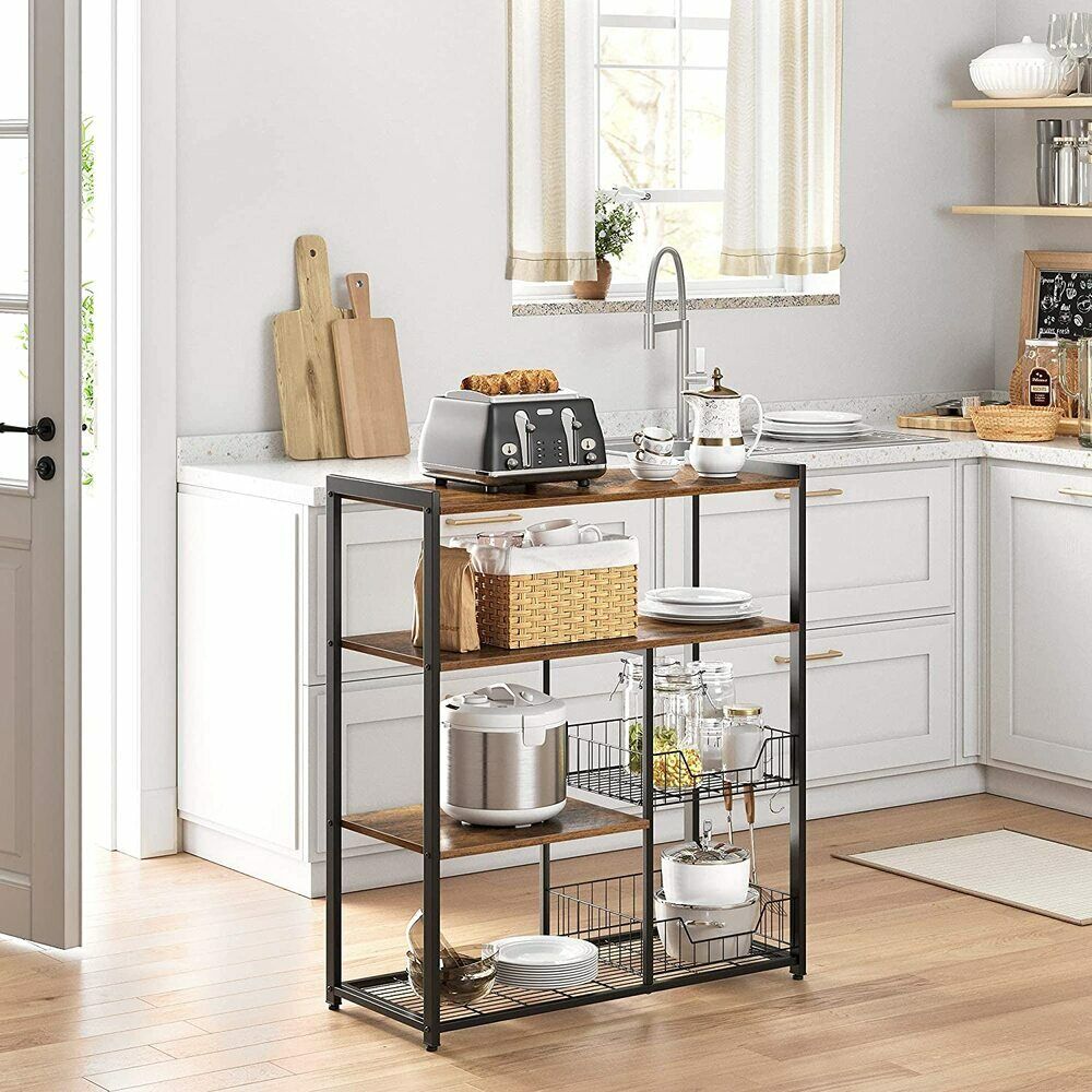 VASAGLE Kitchen Utility Storage Shelves Microwave Oven Stand Baker&#39;s Rack - Rustic Brown