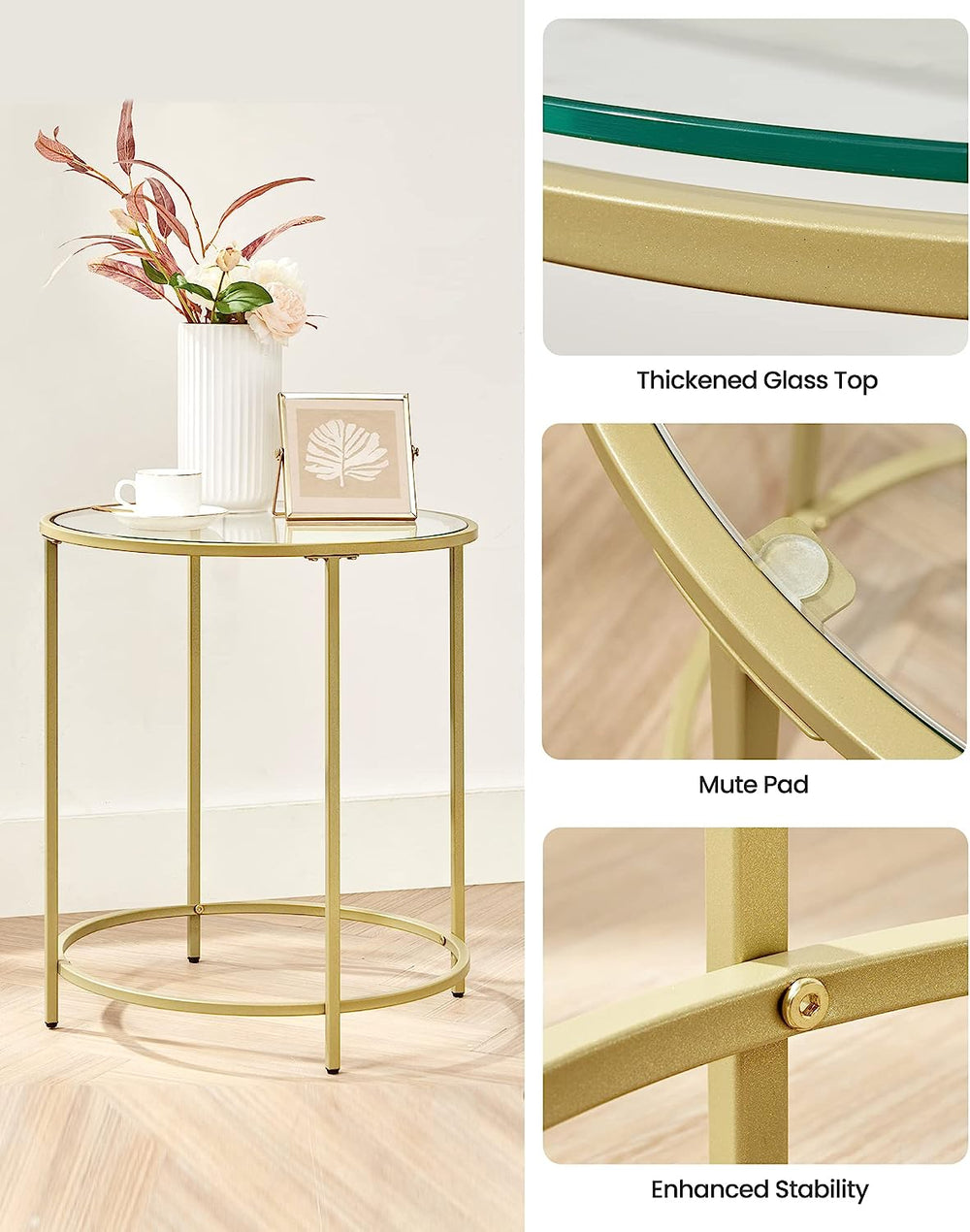 VASAGLE Tempered Glass Top Round Bedside Nightstand Side Coffee Table - Gold