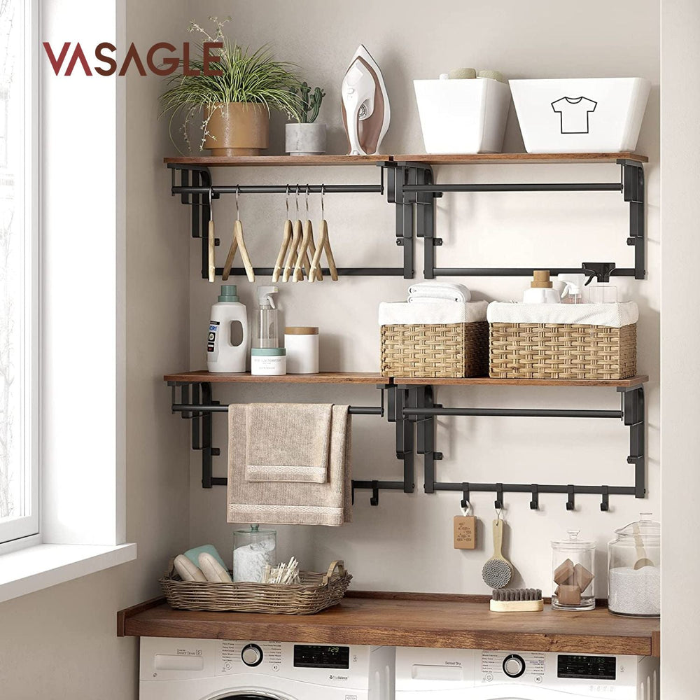 VASAGLE Wall Mounted Shelf Clothes Hanger Hooks Coat Rack - Rustic Brown