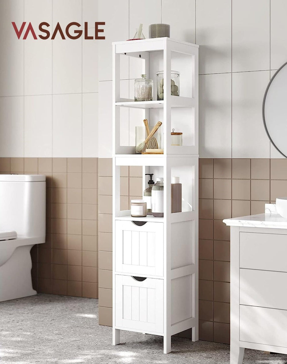 VASAGLE Bathroom Floor Cabinet Storage Organizer Stand with Shelves Drawers White