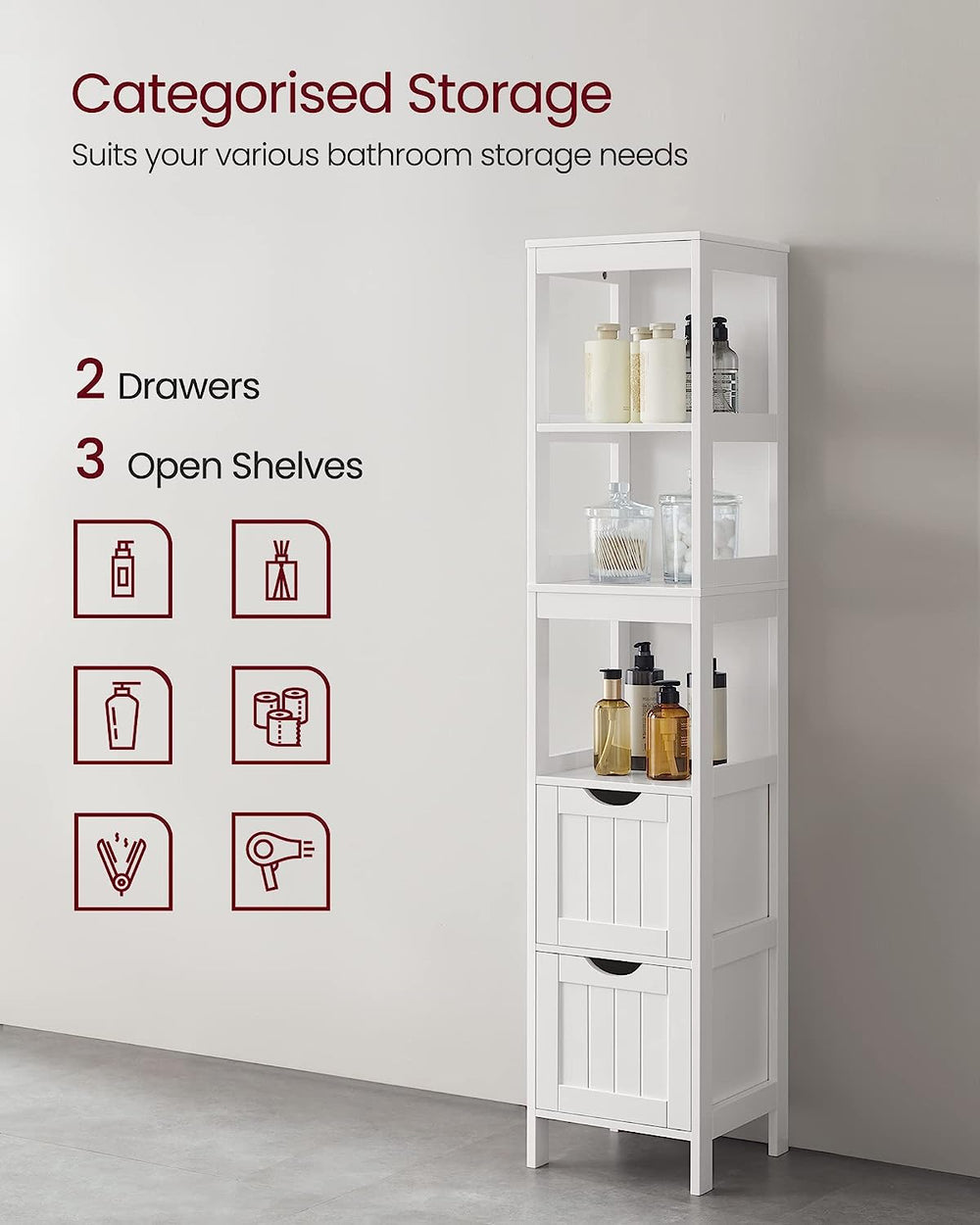 VASAGLE Bathroom Floor Cabinet Storage Organizer Stand with Shelves Drawers White