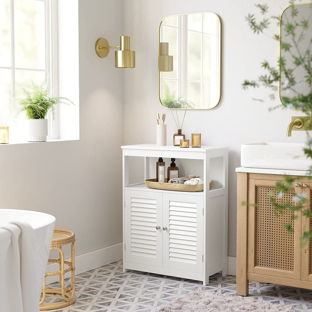VASAGLE Storage Organizer Cupboard with Open Shelf for Bathroom Living Bedroom Floor Cabinet - White