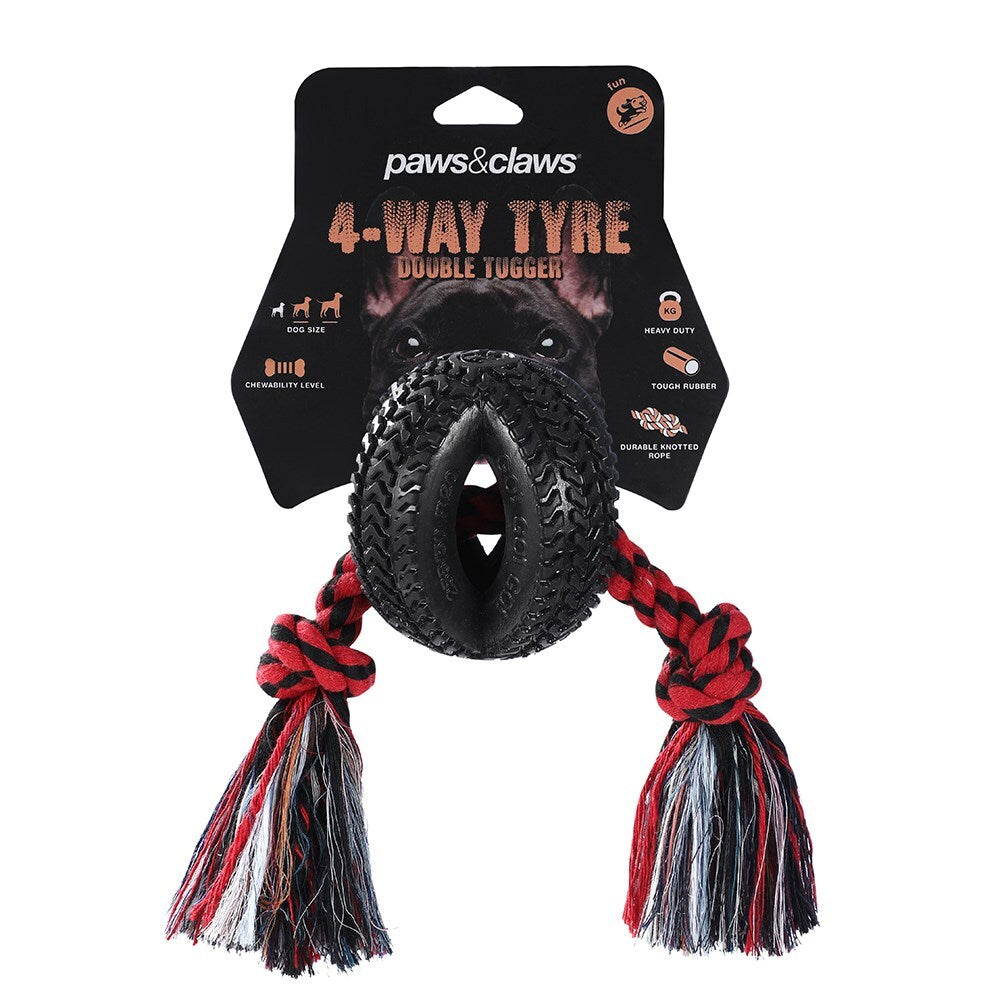 Paws &amp; Claws 4-Way TPR Tyre 40cm Double Tugger Rope