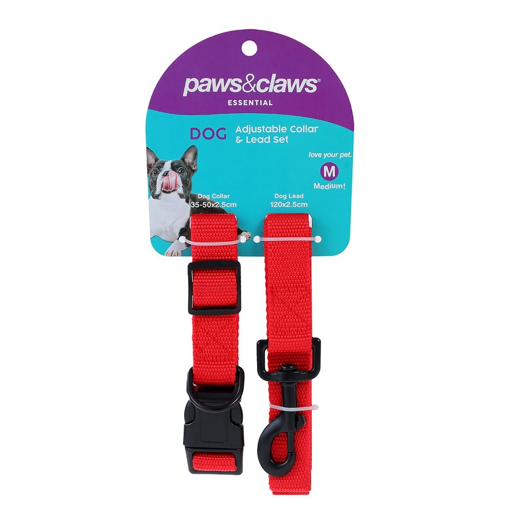 2pc Paws &amp; Claws Essentials Dog Collar &amp; Lead Set Assorted