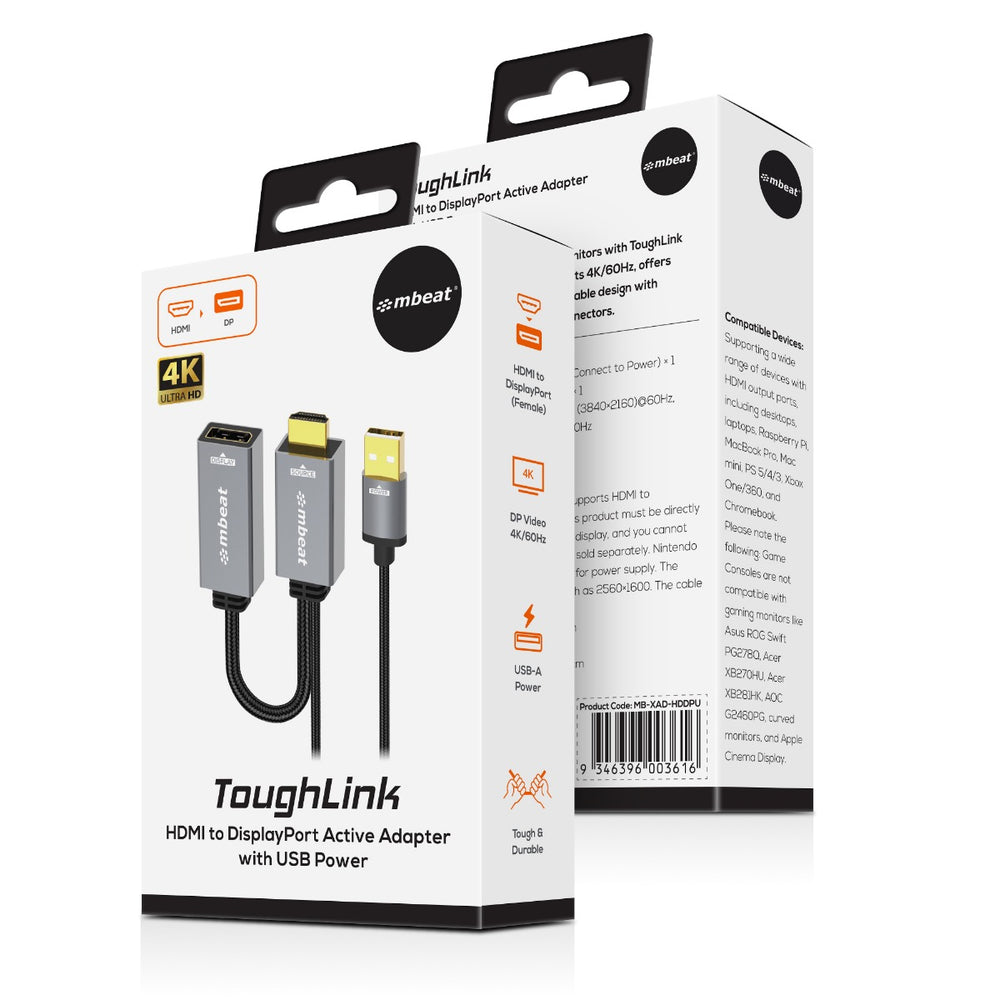 mbeat ToughLink HDMI to DisplayPort Active Adapter with USB Power