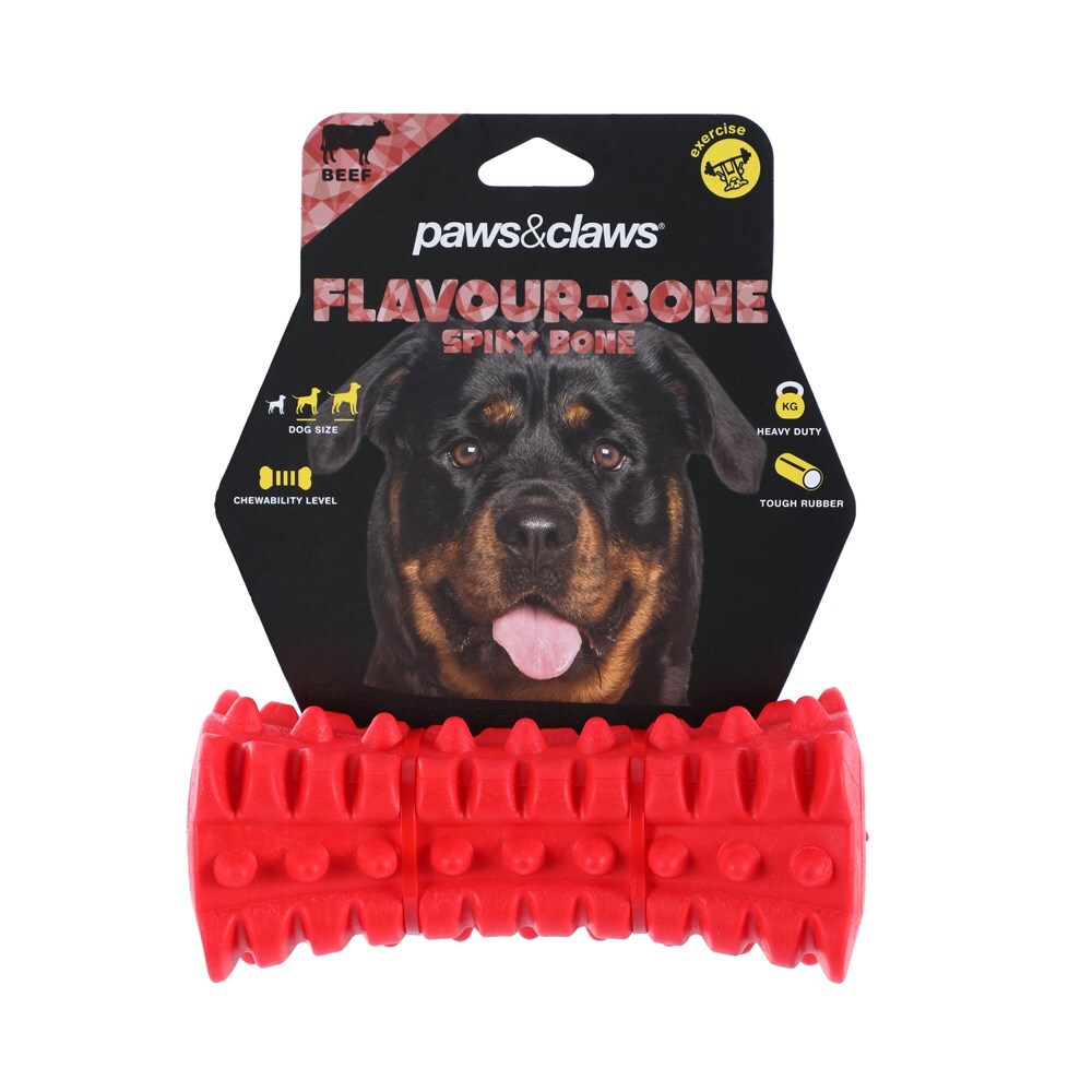 Paws &amp; Claws Flavour-Bone Spiky Bone Beef Flavoured Rubber Toy 16X6.5cm Red