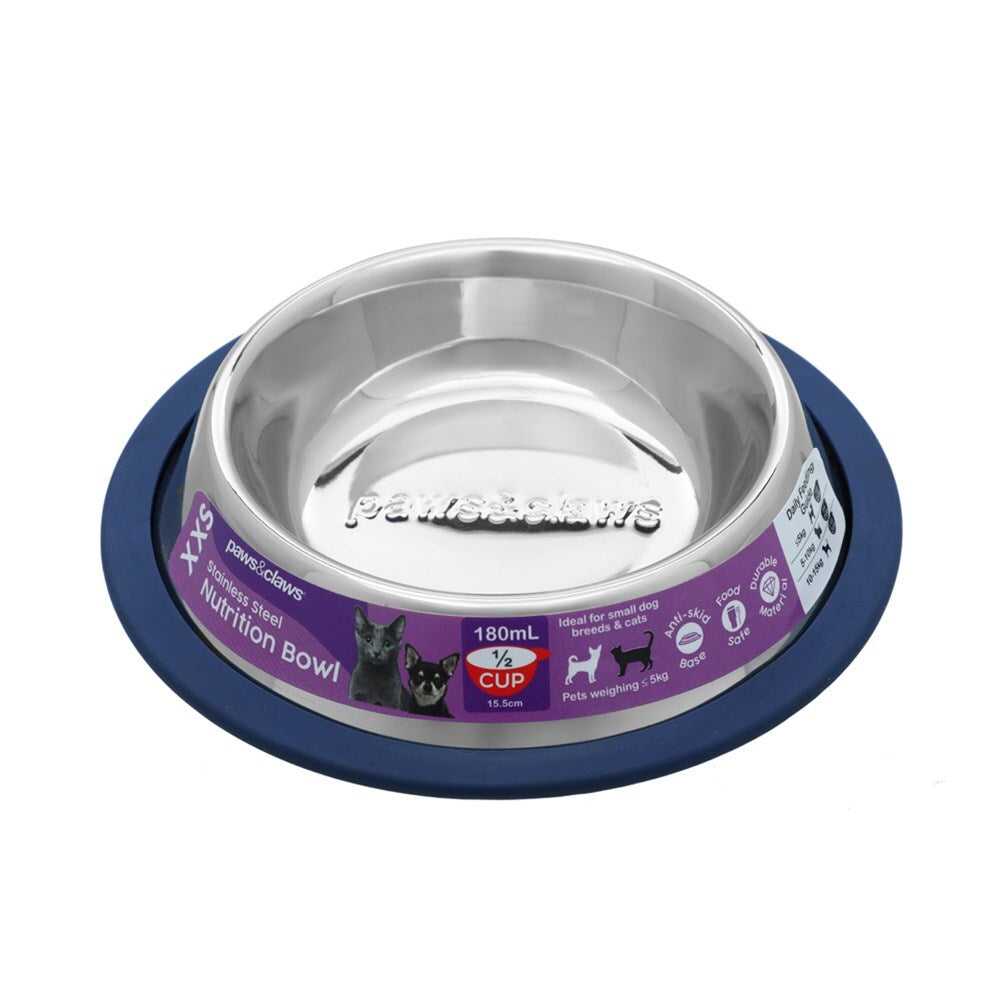 Paws &amp; Claws Stainless Steel Pet Bowl Blue Anti-Skid 180Ml
