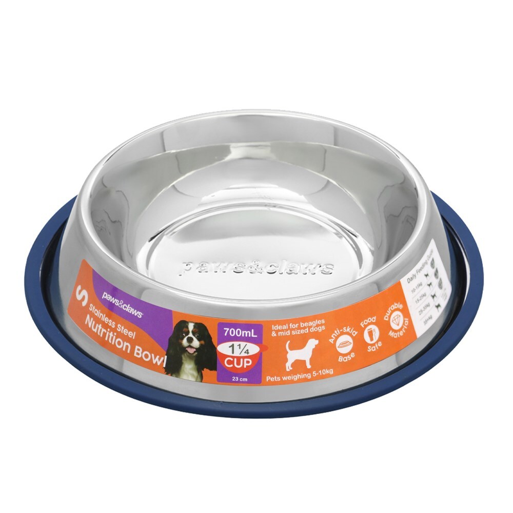 Paws &amp; Claws Stainless Steel 700ml Anti-Skid Pet Bowl Blue